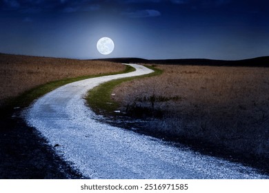 This winding country road in the Tallgrass Prairie of Kansas glows in the moonlight of a full moon, a photo illustration that makes you feel like you can drive to the moon.  - Powered by Shutterstock