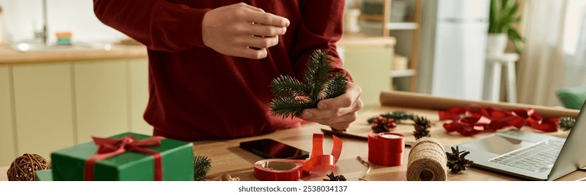 This young man is engaged in festive preparations, crafting decorations for Christmas celebrations. - Powered by Shutterstock