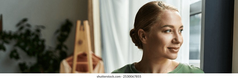 This young woman gazes thoughtfully out the window, embracing a serene moment in her cozy home. - Powered by Shutterstock