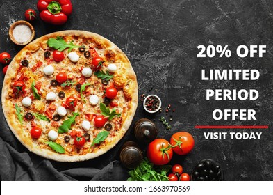 This is Yummy pizza ads with English text 20% off and limited period offer - Shutterstock ID 1663970569
