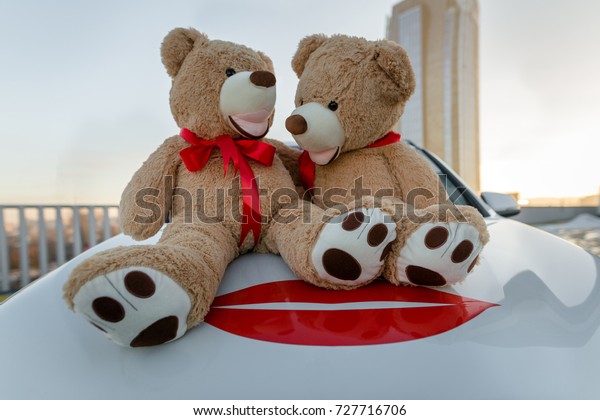 Tho teddy bears on the car isolated, gift, Valentines\
day 