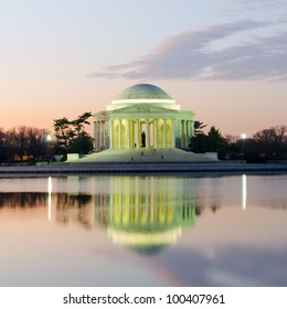 Thomas Jefferson Memorial Silhouette At Sunrise With Mirror Reflection On Water, Washington DC United States