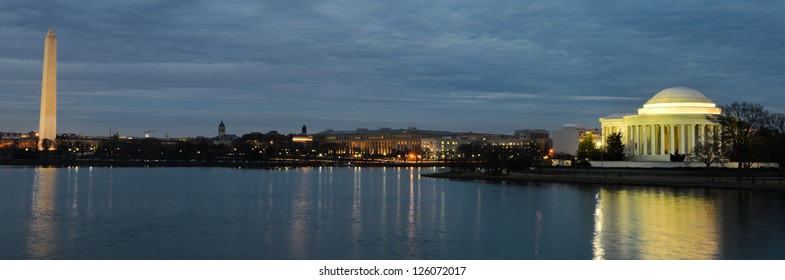 Thomas Jefferson Memorial Silhouette At Sunrise With Mirror Reflection On Water, Washington DC United States