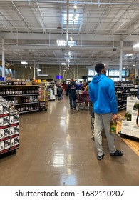 Thornton, CO/ USA- March 23, 2020- Long Lines At A Liquor Store After Mayor Michael B. Hancock Ordered Liquor Stores Be Closed Town The Next Day. 