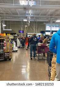 Thornton, CO/ USA- March 23, 2020- Long Lines At A Liquor Store After Mayor Michael B. Hancock Ordered Liquor Stores Be Closed Town The Next Day. 