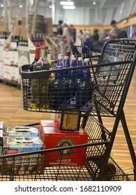 Thornton, CO/ USA- March 23, 2020- Long Lines At A Liquor Store After Mayor Michael B. Hancock Ordered Liquor Stores Be Closed Town The Next Day. 