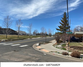 Thornton, CO/ USA- March 29, 2020: The Street Corona Is Empty During The Stay At Home Order Issued By The Governor. 