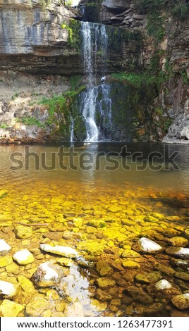 Thornton force waterfall in low flow during a hot summer time. Ingleton waterfalls trail, England. 