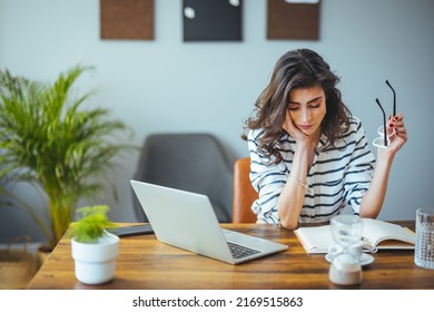 Thoughtful Anxious Business Woman Looking Away Thinking Solving Problem At Work, Worried Serious Young Woman Concerned Make Difficult Decision Lost In Thought Reflecting Sit With Laptop