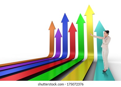 Thoughtful asian businesswoman pointing against colourful arrows pointing up - Powered by Shutterstock