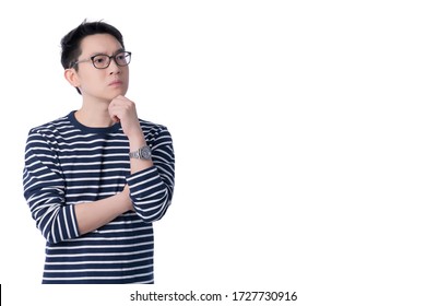 Thoughtful Asian Glasses Male Tshirt Hand Gesture Think Wonder Doubtful Portrait Isolate White Background