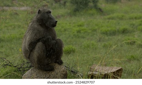 A thoughtful baboon sits in the rain, blending with the African landscape - Powered by Shutterstock