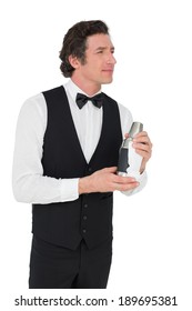 Thoughtful Bartender Holding Cocktail Shaker Isolated Over White Background