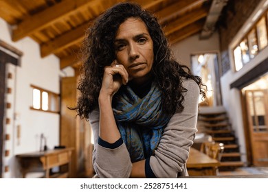 Thoughtful biracial woman having video call in living room. Lifestyle, communication and domestic life, unaltered. - Powered by Shutterstock