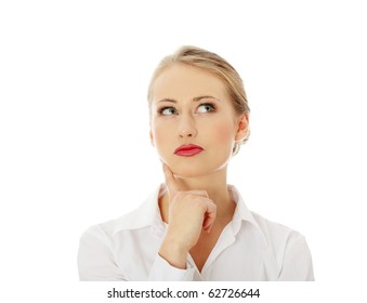 Thoughtful Business Woman Looking Right, Isolated Over A White Background