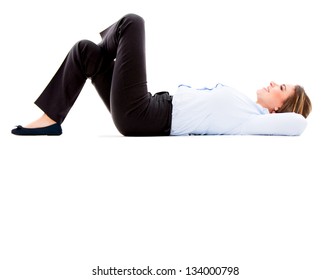 Thoughtful Business Woman Lying Down - Isolated Over White Background