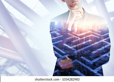 Thoughtful Businessman On Labyrinth Background. Challenge And Success Concept. Double Exposure 