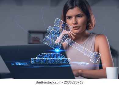 Thoughtful businesswoman in casual wear typing on laptop at office workplace with coffee cup. Concept of distant work, business education, internet surfing, information technology. Legal and law - Powered by Shutterstock