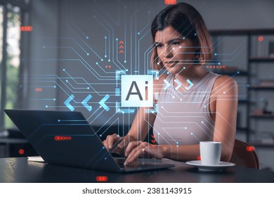 Thoughtful businesswoman in casual wear typing on laptop at office workplace with coffee cup. Concept of distant work, business education, internet surfing, information technology. Ai hologram