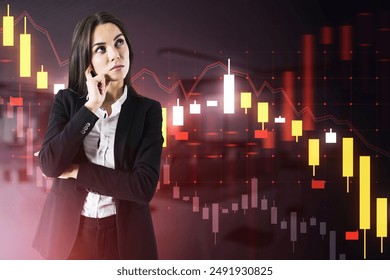 A thoughtful businesswoman with a graph chart overlay on a dark background, representing the concept of financial analysis - Powered by Shutterstock