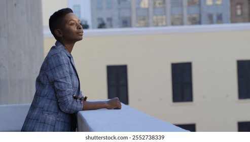 Thoughtful businesswoman standing in balcony at office 4k - Powered by Shutterstock