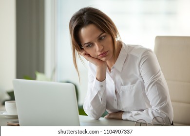 Thoughtful Businesswoman Thinking Searching New Ideas Looking At Laptop, Serious Employee Feeling Bored With Dull Monotonous Online Office Work, Employee Disinterested In Doing Boring Computer Task