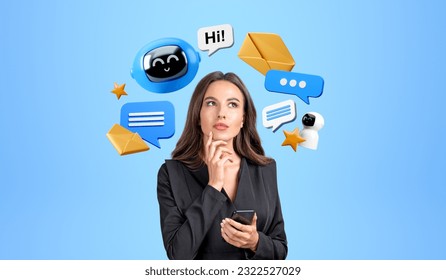 Thoughtful businesswoman using phone, pensive look with finger on chin. Robot icons with text and speech bubbles flying. Concept of AI helping human in business and communication