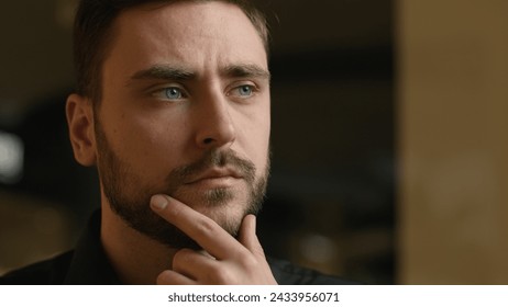 Thoughtful Caucasian man close up portrait pensive businessman think deep thoughts dreaming guy ceo executive entrepreneur look away consider thinking business idea question ponder solution in office - Powered by Shutterstock