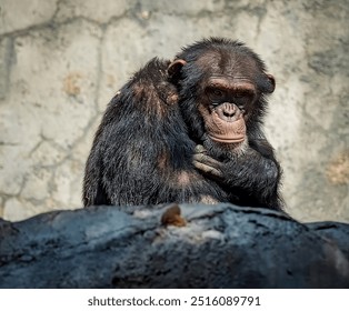 A thoughtful chimpanzee sits with a contemplative expression, resting one hand on its chin against a natural stone background. - Powered by Shutterstock