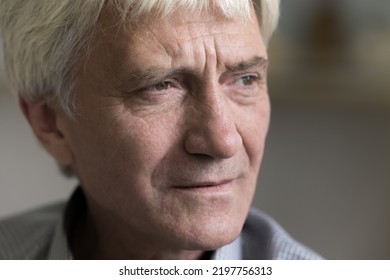 Thoughtful Concerned Senior Old Man Face Close Up Cropped Shot. Hoary Retiree, Pensioner Looking Away, Thinking Over Health Problems, Feeling Anxious, Worried, Suffering From Memory Loss, Dementia