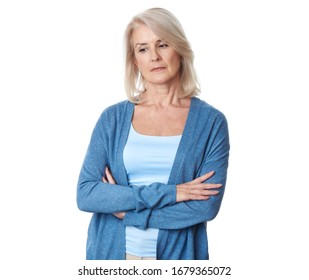 Thoughtful Elderly Lady. Sad Old Woman Is Looking Away. Isolated On White