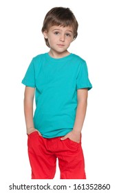 A thoughtful fashion young boy on the white background
