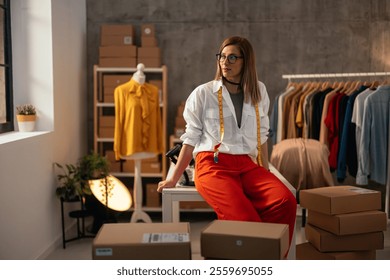 Thoughtful female entrepreneur in a stylish store setting with clothing racks and packaging supplies - Powered by Shutterstock