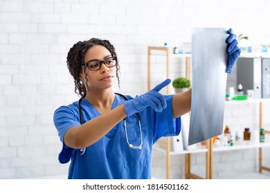 Thoughtful Female Radiologist Looking At Animal Xray In Veterinarian Hospital