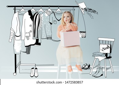 Thoughtful Kid In Faux Fur Coat And Skirt Sitting On Highchair And Holding Pink Case On Grey Background With Fashion Clothes Illustration