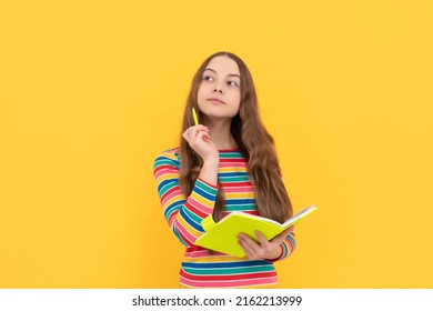 Thoughtful Kid Think Over School Essay Holding Pen And Copybook Yellow Background, Story