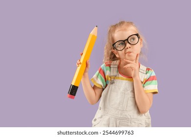 Thoughtful little schoolgirl with big pencil on lilac background - Powered by Shutterstock