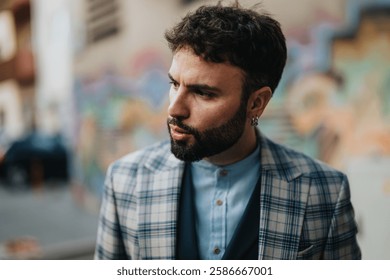 A thoughtful man in a blue patterned jacket stands against a vibrant urban graffiti wall. The scene suggests creativity and introspection in an urban environment, with emphasis on modern fashion.