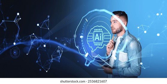 Thoughtful man with notebook and pen, AI brain glowing hologram with circuit lines. Artificial intelligence and futuristic technology. Concept of machine learning and information processing - Powered by Shutterstock