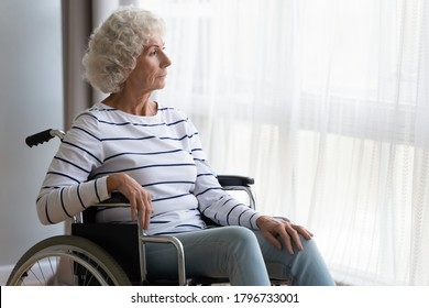 Thoughtful Middle Aged Old Hoary Woman Sitting In Wheelchair Indoors, Looking Outside Window. Lost In Thought Older Mature Retired Disabled Grandmother Suffering From Loneliness, Thinking Of Future.