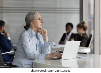 Thoughtful middle-aged businesswoman sit at desk with laptop looks into distance, search business solution, faced up with challenge, thinks working over on-line task, corporate office workflow concept