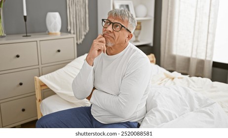 Thoughtful middle-aged man with grey hair in bedroom, sitting on bed, looking up pensively indoors. - Powered by Shutterstock