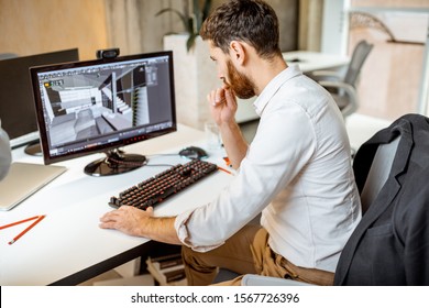 Thoughtful Office Employee Working As An Interior Designer, 3d Modeling On The Computer In The Office