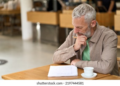 Thoughtful Older Adult Business Man Writing In Notebook, Middle Aged Author Or Writer Taking Notes Thinking Of New Ideas, Mature Male Student Making Checklist, Learning In Cafe Sitting At Table.