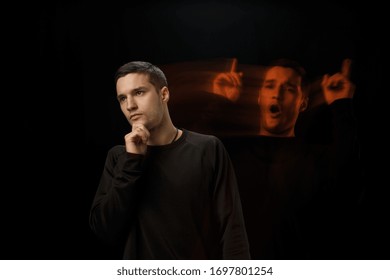 Thoughtful outside, inspired inside. The versatility of man - opened emotions and hidden feelings. Caucasian man on black background with different faces of condition. Double exposure. Mental health.