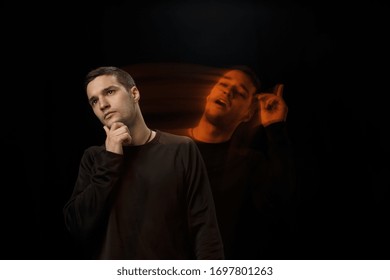 Thoughtful outside, inspired inside. The versatility of man - opened emotions and hidden feelings. Caucasian man on black background with different faces of condition. Double exposure. Mental health.