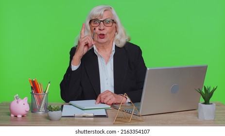 Thoughtful Senior Businesswoman Making Notes, Writing Down Thoughts With Pen Into Notepad Notebook Diary, To Do List, Good Idea Sits At Workplace At Office. Elderly Woman On Green Chroma Key Studio