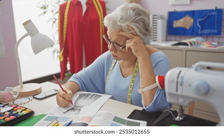 A thoughtful senior woman tailoring in a cozy atelier, surrounded by sewing equipment and fabric swatches. - Powered by Shutterstock