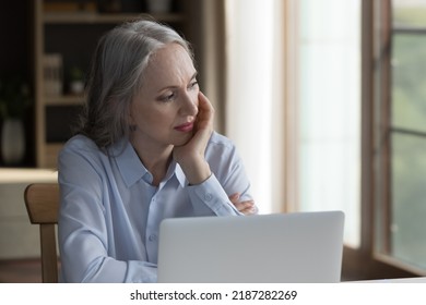 Thoughtful Serious Elder 60s Woman Sitting At Laptop Computer At Home, Looking Away, Leaning Chin On Hand, Thinking Over Problems. Pensive Mature Lady Pondering On Bad News