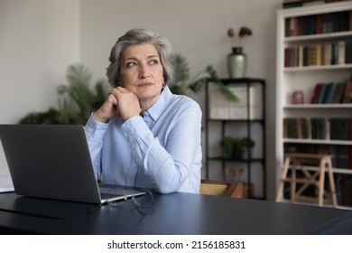Thoughtful serious mature grey haired business lady sitting at work office table with laptop, looking away, planning tasks, making decision, thinking over project strategy